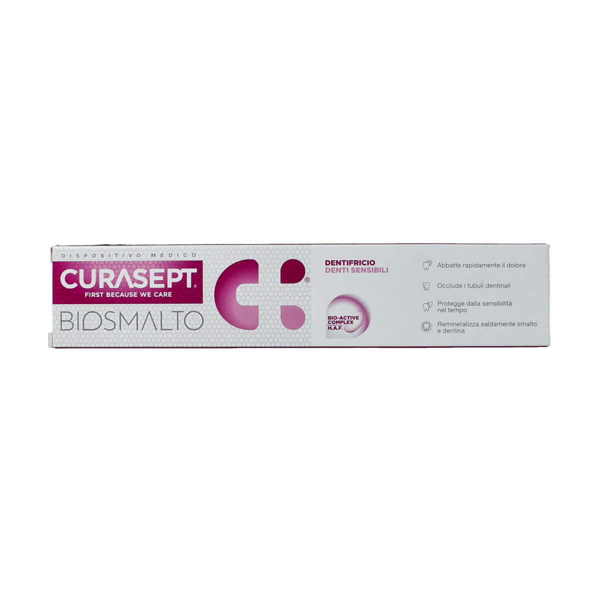 Curasept Biosmalto toothpaste for sensitive teeth, 75ml tube, gentle formula for enamel protection and oral care.