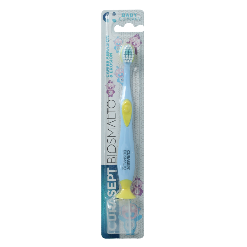 Curasept Biosmalto baby toothbrush for 0-3 years, small size with soft bristles suitable for infants' oral care.