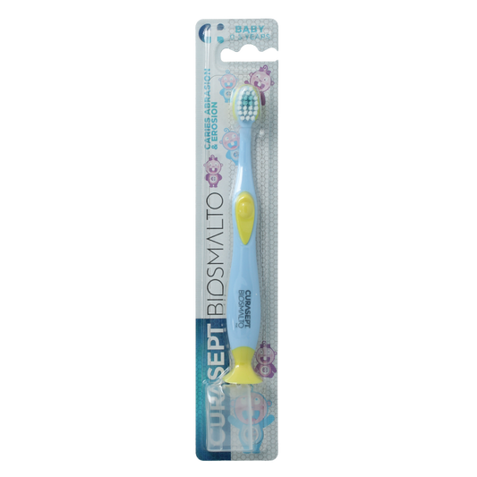 Curasept Biosmalto baby toothbrush for 0-3 years, small size with soft bristles suitable for infants' oral care.