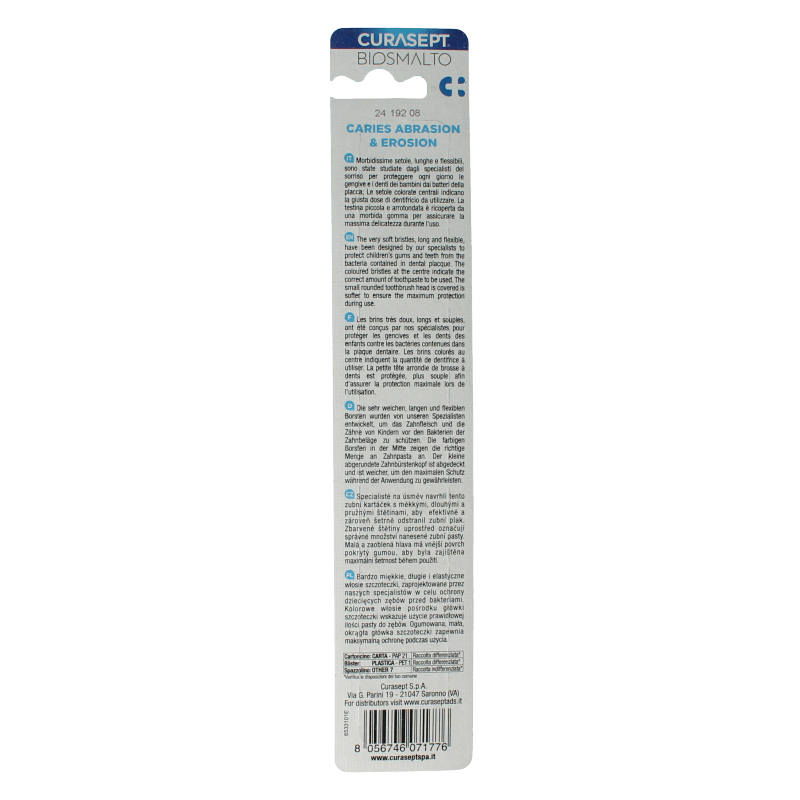 Curasept Biosmalto baby toothbrush for ages 0-3, soft bristles, small head for gentle cleaning of infants' teeth.