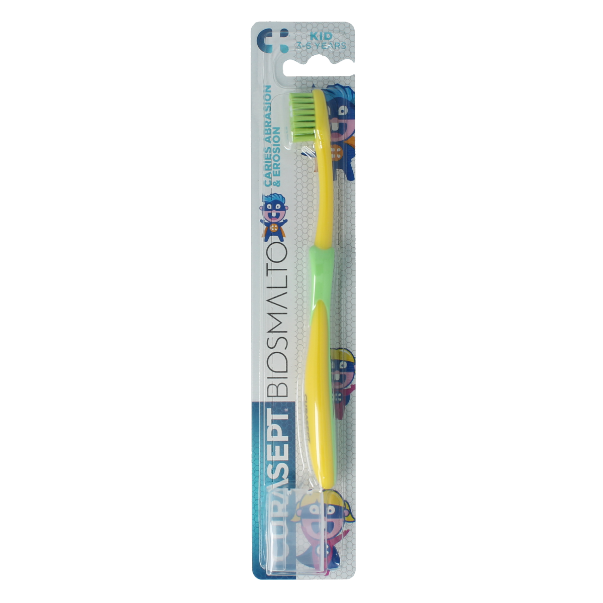 Curasept Biosmalto children's toothbrush for ages 3-6, assorted colors, soft bristles, designed for gentle cleaning.