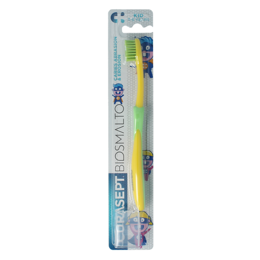 Curasept Biosmalto children's toothbrush for ages 3-6, assorted colors, soft bristles, designed for gentle cleaning.