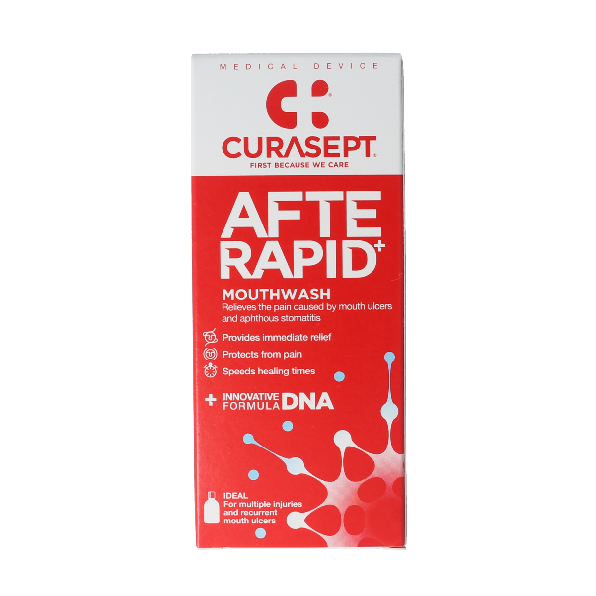 Curasept Afterapid mouthwash in 125ml bottle, a mouthcare product for oral hygiene and freshness.