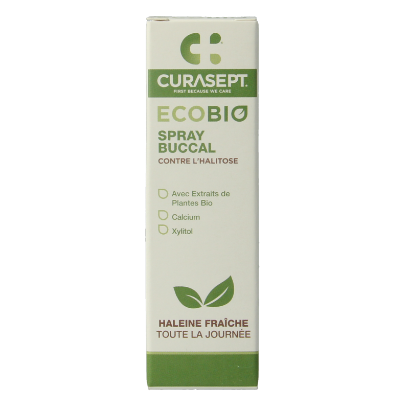 Curasept Ecobio mouth spray in 20ml bottle, natural oral care product with a spray nozzle, designed for oral hygiene.