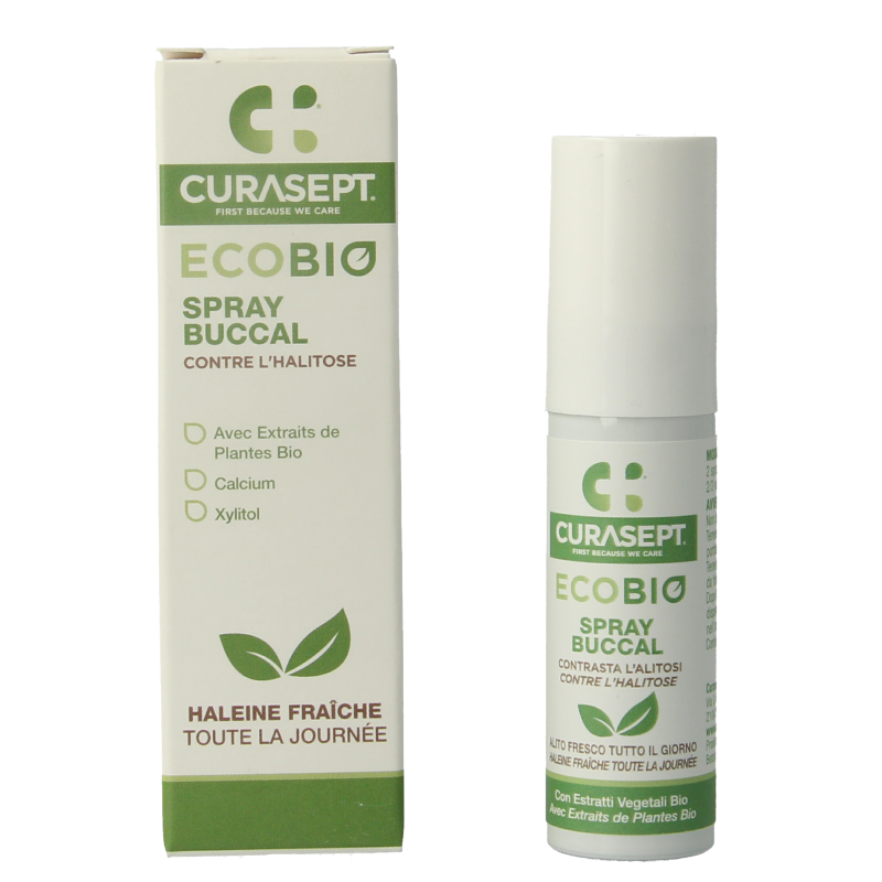 Curasept Ecobio oral spray in a 20ml bottle, natural mouth care product for oral hygiene and freshness.