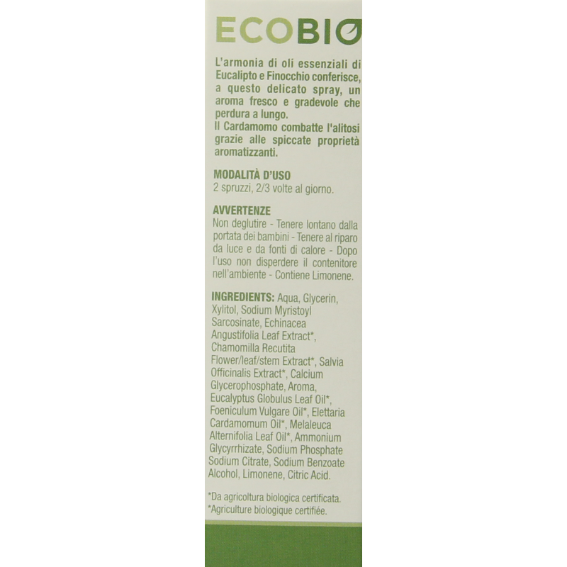 Curasept Ecobio mouth spray in 20ml bottle, natural oral hygiene product from Curasept, with spray nozzle and label visible.