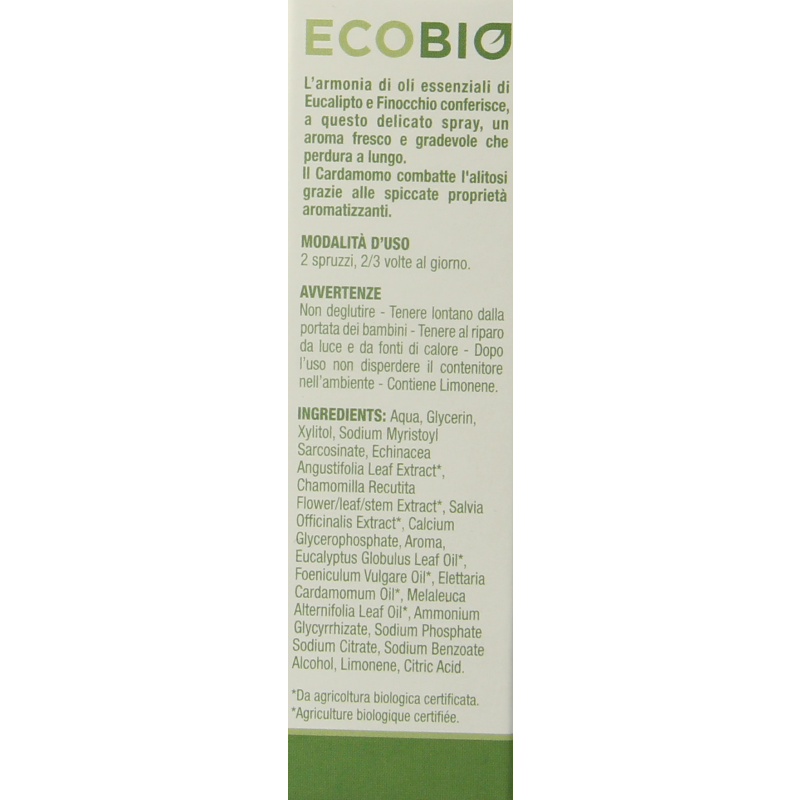 Curasept Ecobio mouth spray in 20ml bottle, natural oral hygiene product with herbal ingredients, for daily mouth care.