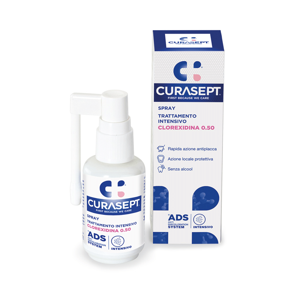 Curasept ADS mouth spray with 0.5% chlorhexidine in a 30ml bottle, used for oral hygiene and mouth care.
