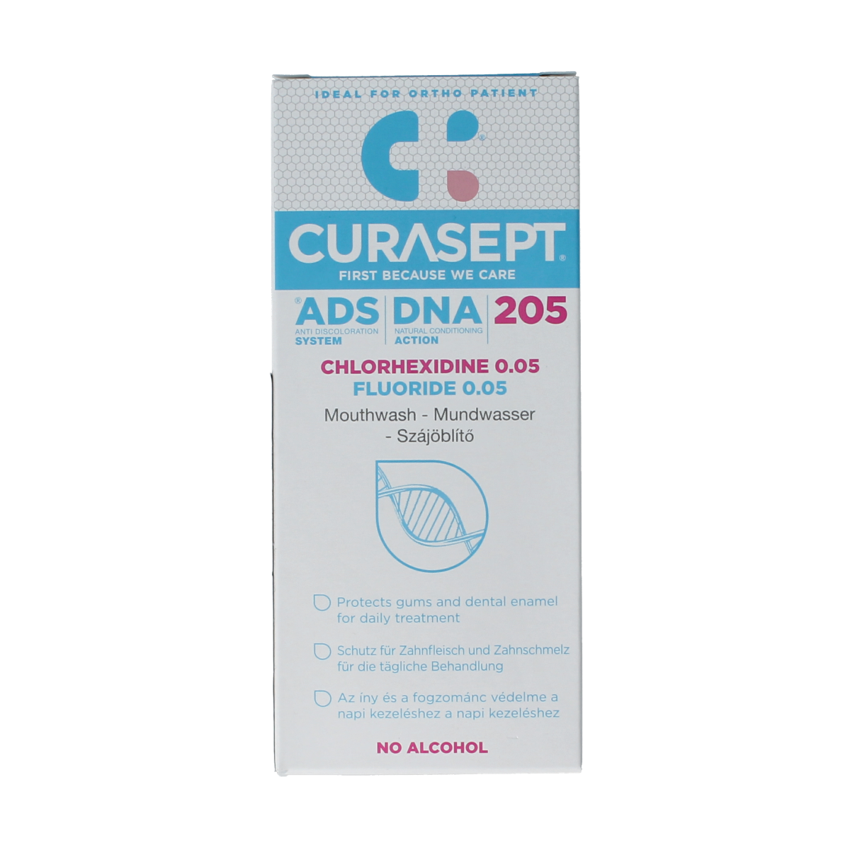 Curasept ADS DNA 205 CHX 0.05% mouthwash in a 200ml bottle, used as a mouth rinse for oral hygiene and gum health.