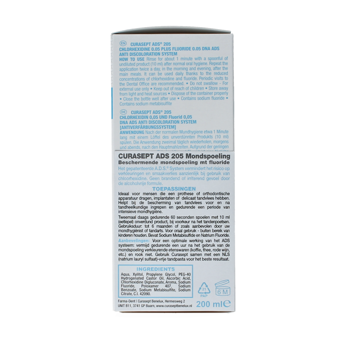 Curasept ADS DNA 205 CHX 0.05% mouthwash bottle, 200ml, for oral hygiene and gum health.