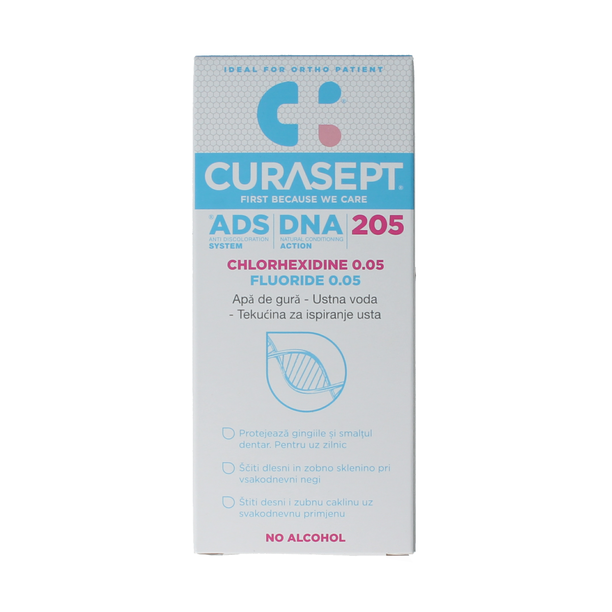 Curasept ADS DNA 205 CHX 0.05% mouthwash in a 200ml bottle for oral hygiene and gum health.