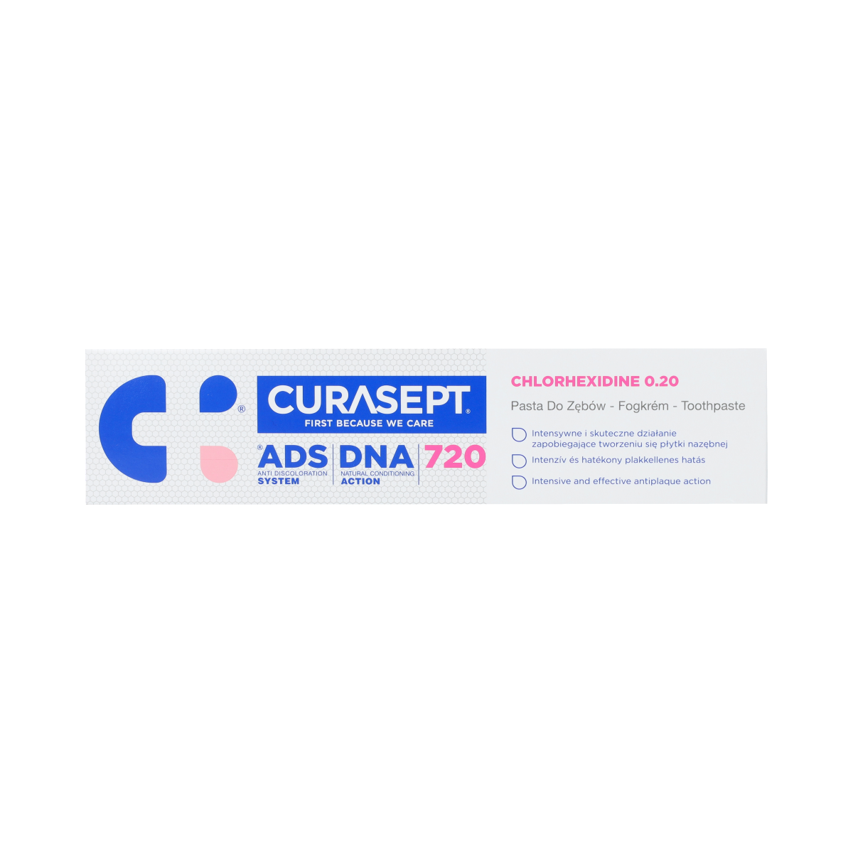 Curasept ADS DNA 720 CHX 0.20% gel toothpaste in 75ml tube, showing the packaging and product branding.