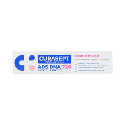 Curasept ADS DNA 720 CHX 0.20% gel toothpaste in 75ml tube, showing the packaging and product branding.