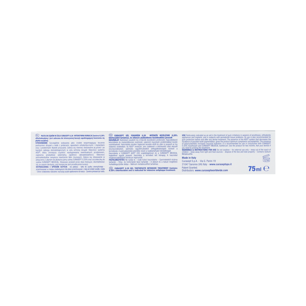 Curasept ADS DNA 720 CHX 0.20% gel-tandpasta, 75ml tube with white gel and blue accents, designed for oral hygiene.
