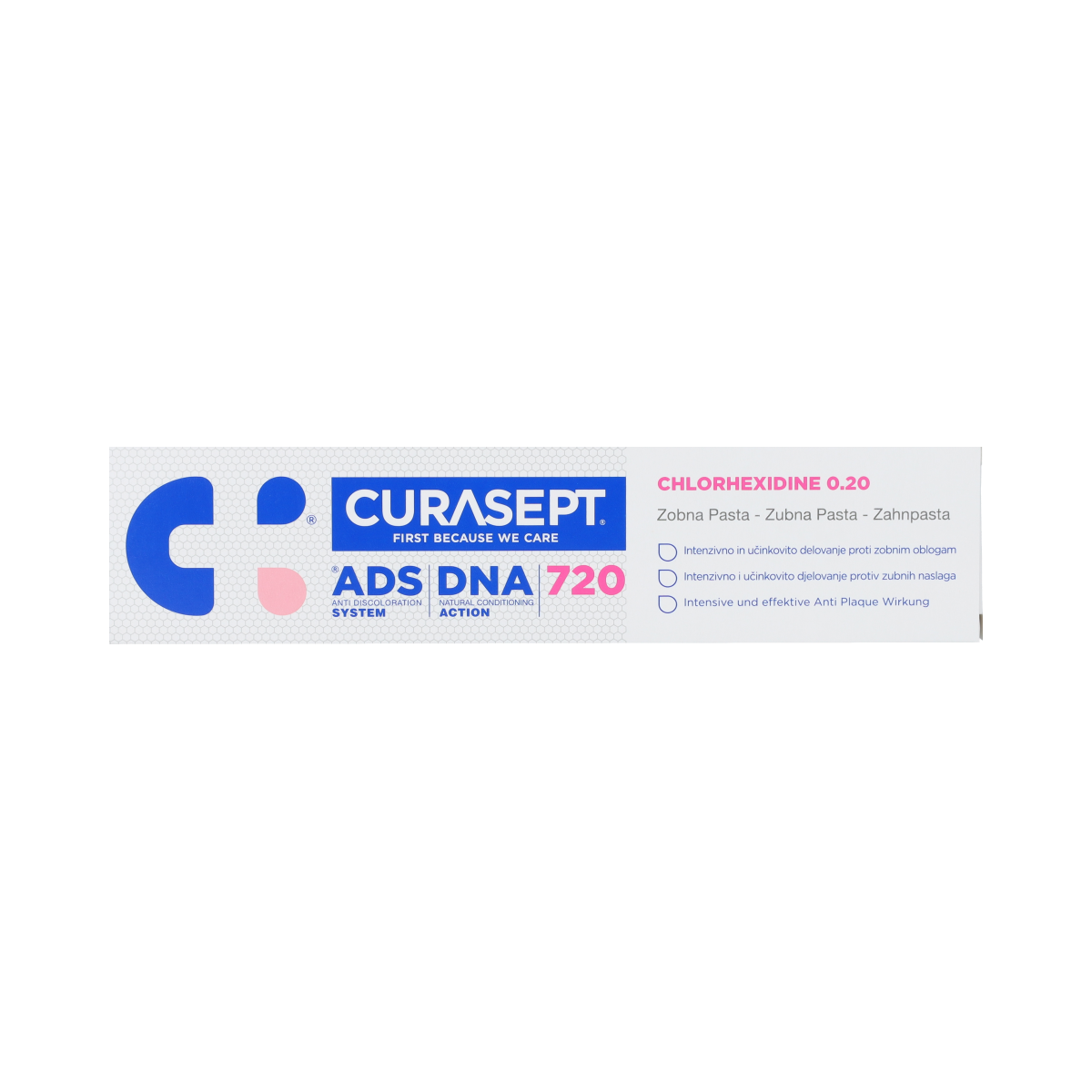 Curasept ADS DNA 720 CHX 0.20% gel toothpaste in a 75ml tube, showing the packaging and label of the dental product.