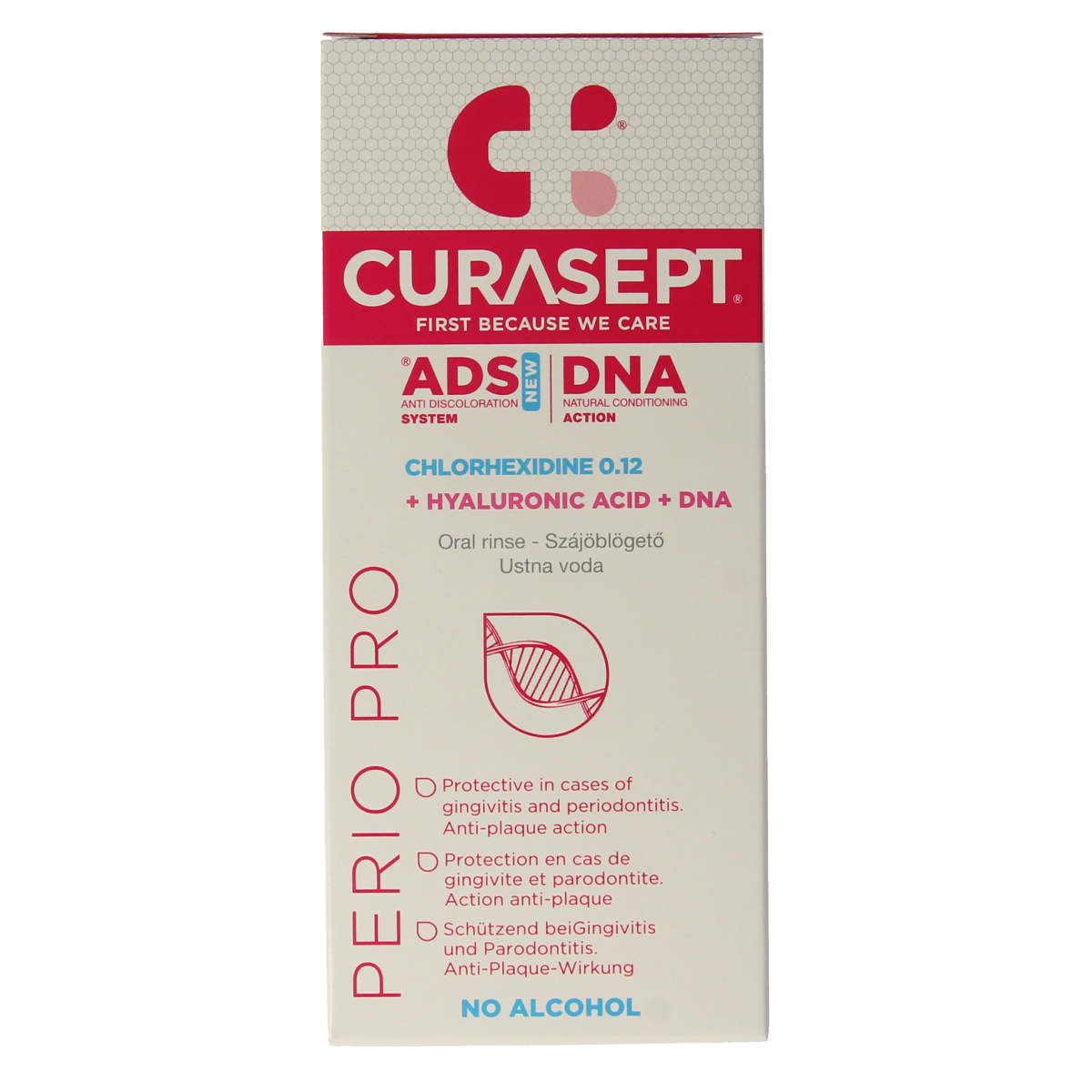Curasept ADS DNA Perio Pro CHX 0.12% + HA mouthwash in a 200ml bottle, designed for oral health and periodontal care.