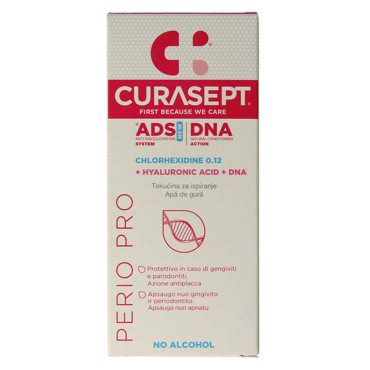 Curasept ADS DNA Perio Pro CHX 0.12% mouthwash with hyaluronic acid in a 200ml bottle for oral care and gum health.