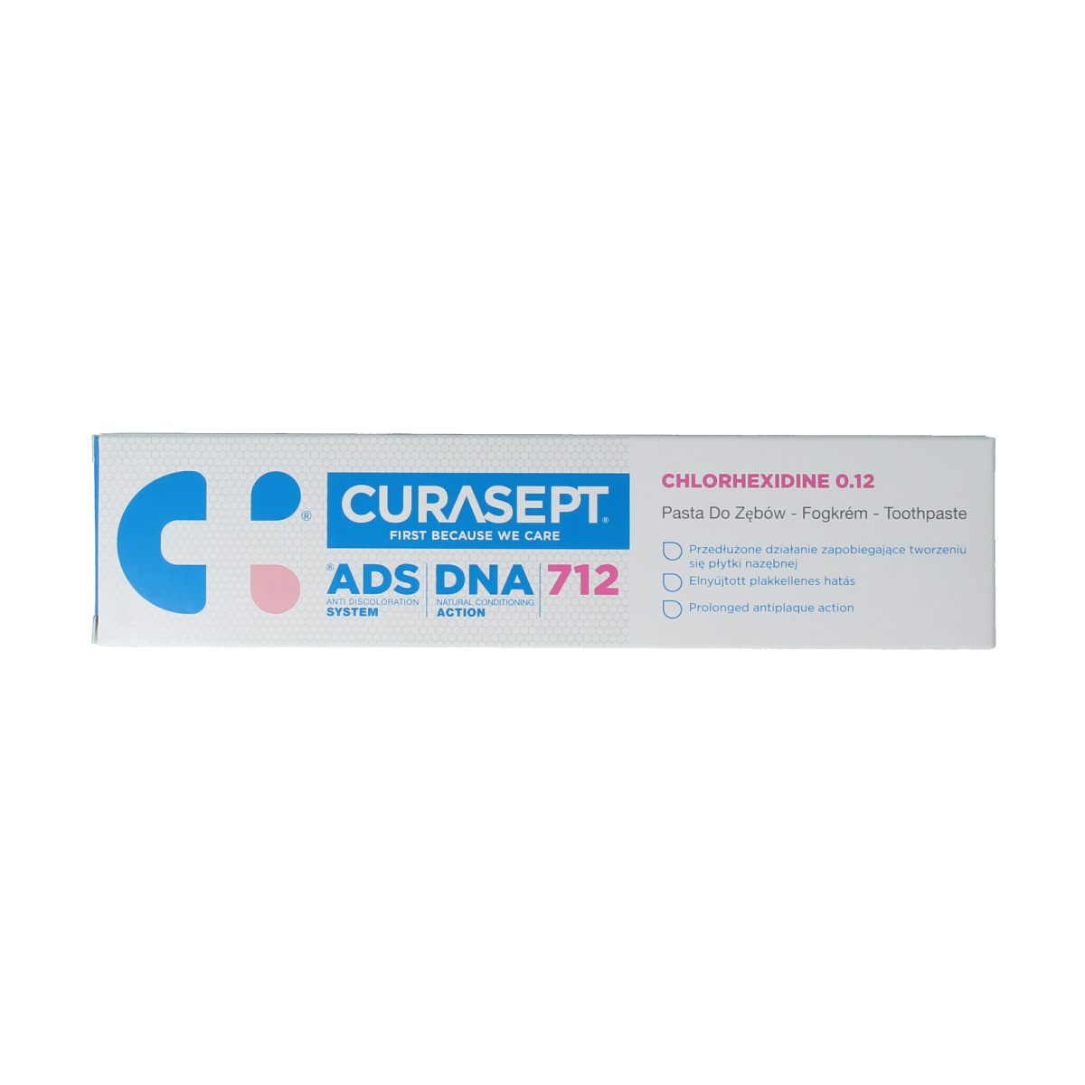 Curasept ADS DNA 712 CHX 0.12% gel toothpaste in a 75ml tube, designed for oral hygiene and gum health.