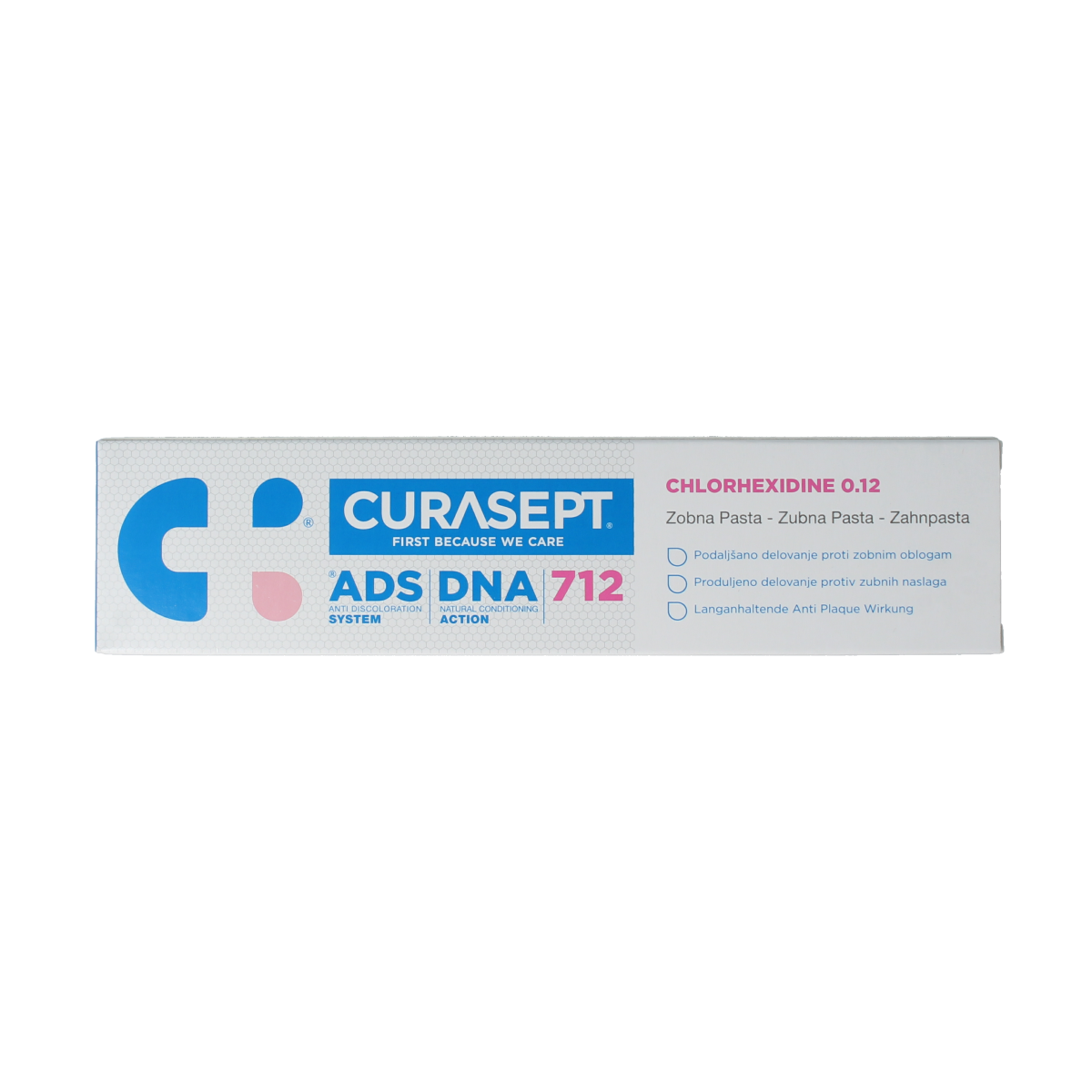Curasept ADS DNA 712 CHX 0.12% gel toothpaste in a 75ml tube, designed for oral hygiene and gum health.