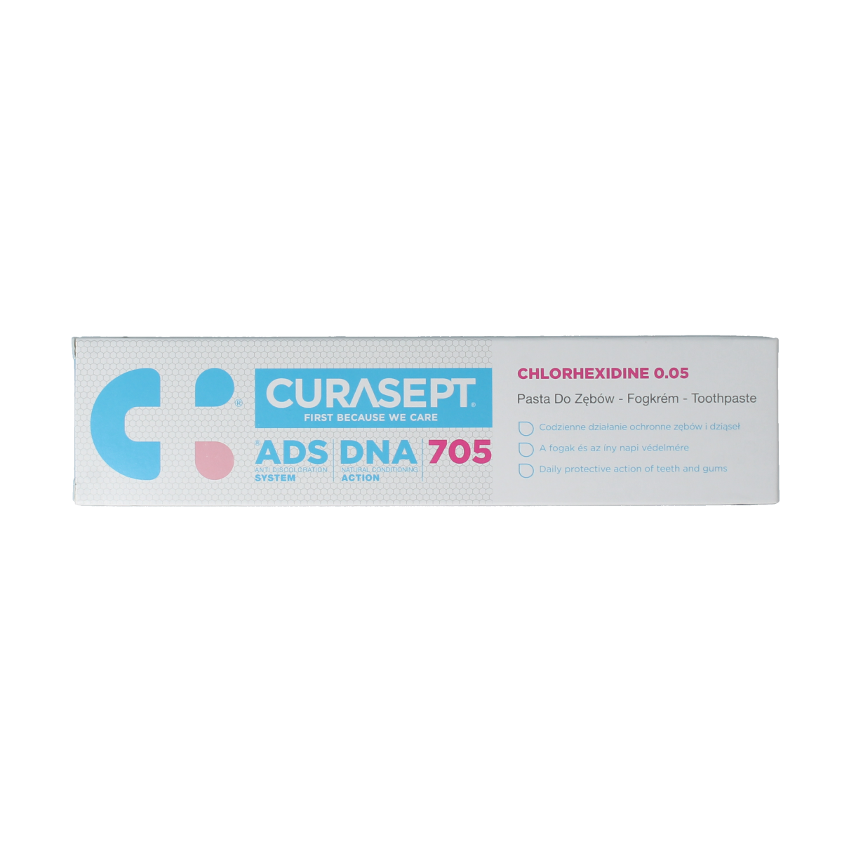 Curasept CURASEPT ADS DNA 705 0.05% chlorhexidine and fluoride toothpaste in a 75ml tube, with branding and product label visible.