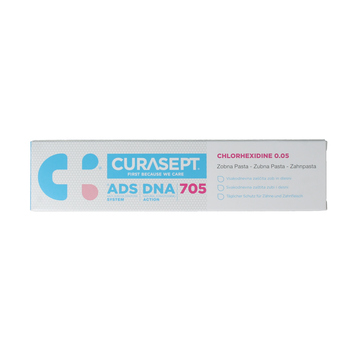 Curasept ADS DNA 705 0.05% chlorhexidine and fluoride toothpaste in a 75ml tube, showing the tube with brand logo and product label.