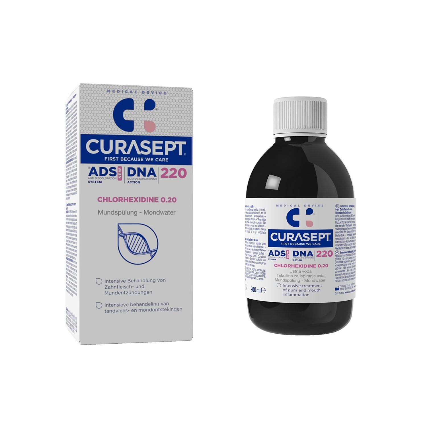 Curasept Mondspoeling with 0.20% chlorhexidine, 200ml bottle for oral mouthwash and mouthcare.