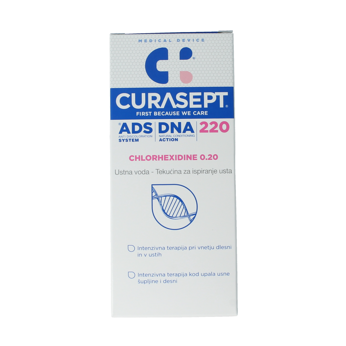 Curasept chlorhexidine mouthwash in a 200ml bottle, used for oral hygiene and mouth care.