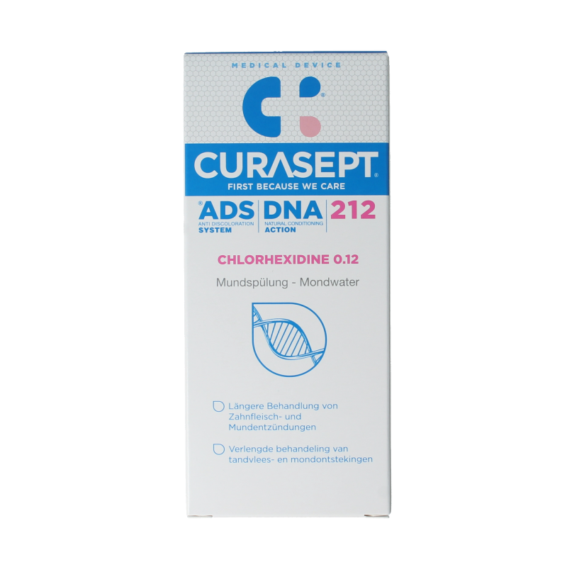 Curasept chlorhexidine 0.12% mouth rinse in 200ml bottle, antiseptic oral mouthwash for oral hygiene.