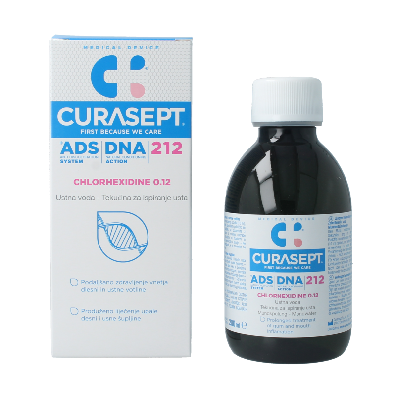 Curasept chlorhexidine 0.12% mouth rinse in 200ml bottle, antiseptic oral care product for mouth and gum health.