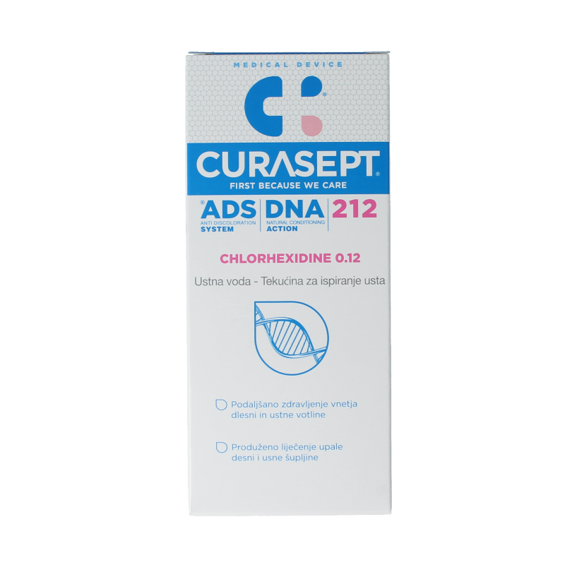 Curasept chlorhexidine 0.12% mouth rinse in a 200ml bottle, used as a mouthwash for oral hygiene.