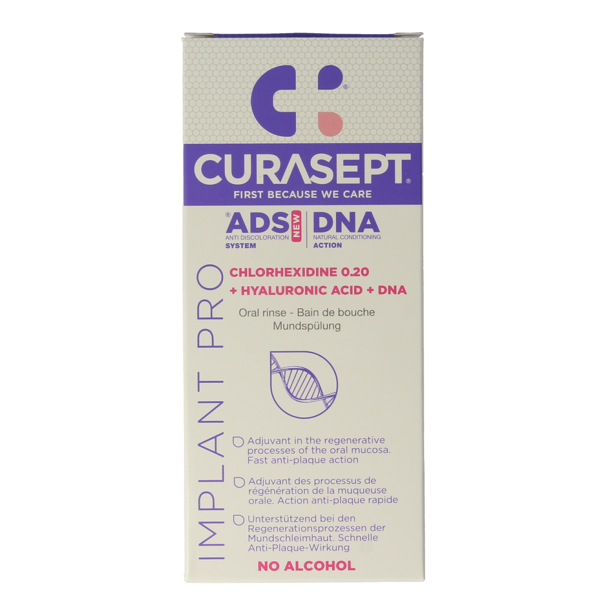 Curasept ADS DNA Implant Pro CHX 0.20% + HA mouthwash in a 200ml bottle, designed for oral health and implant care.