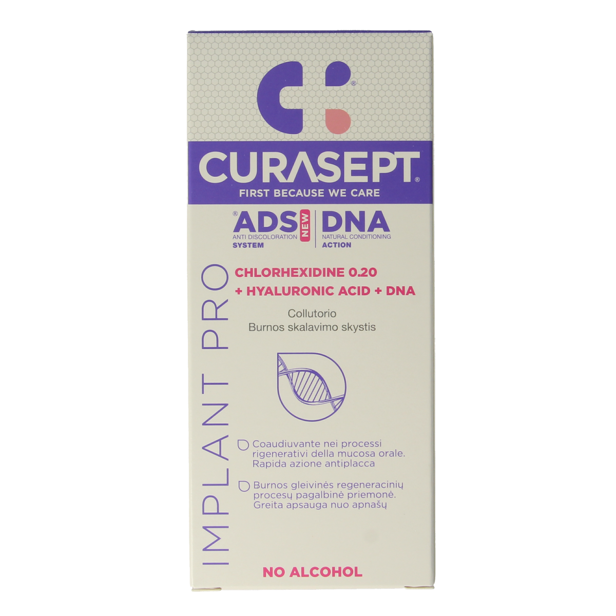 Curasept ADS DNA Implant Pro CHX 0.20% and HA mouthwash in a 200ml bottle, with label showing product details and branding.