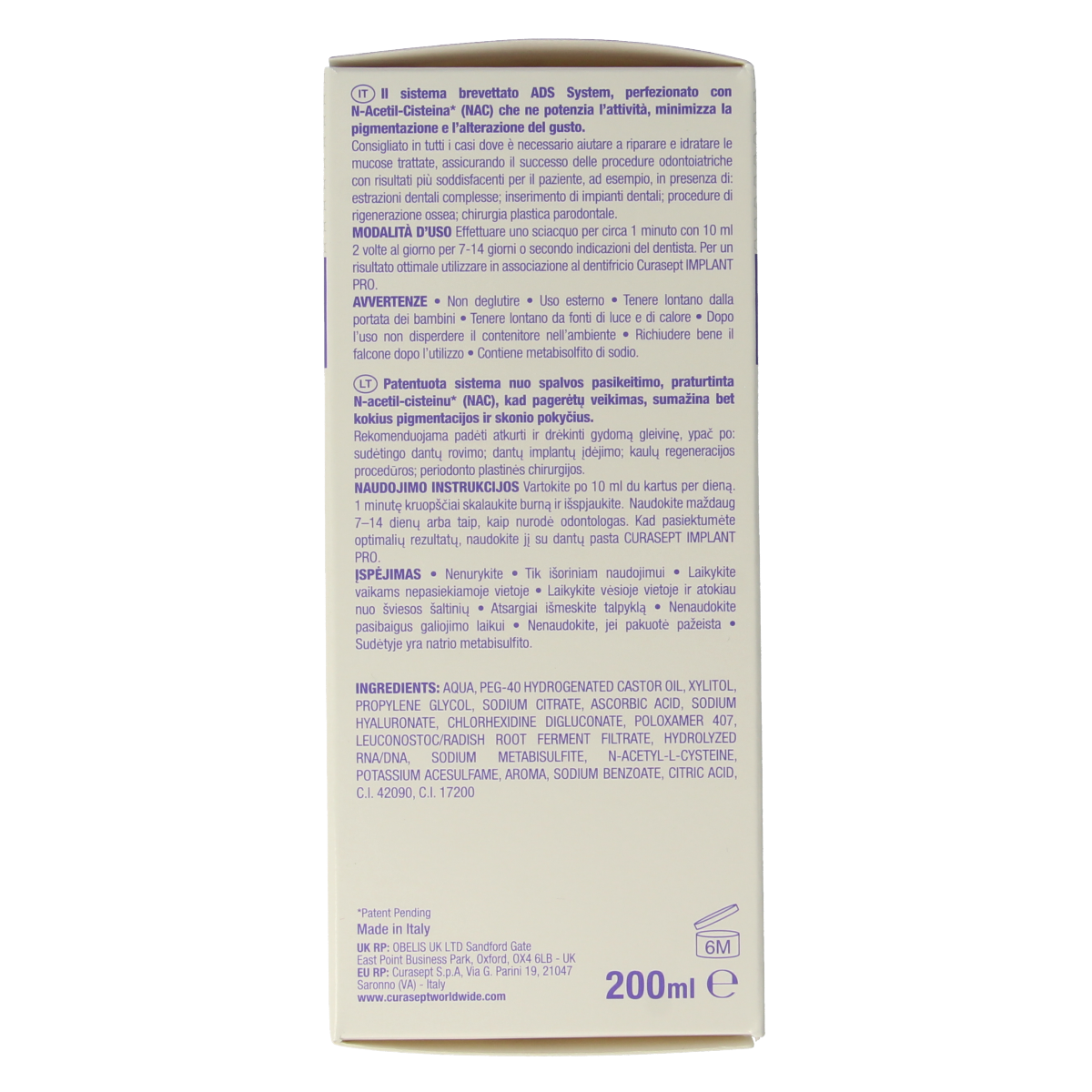 Curasept ADS DNA Implant Pro CHX 0.20% and HA mouthwash in a 200ml bottle, designed for oral health and implant care.