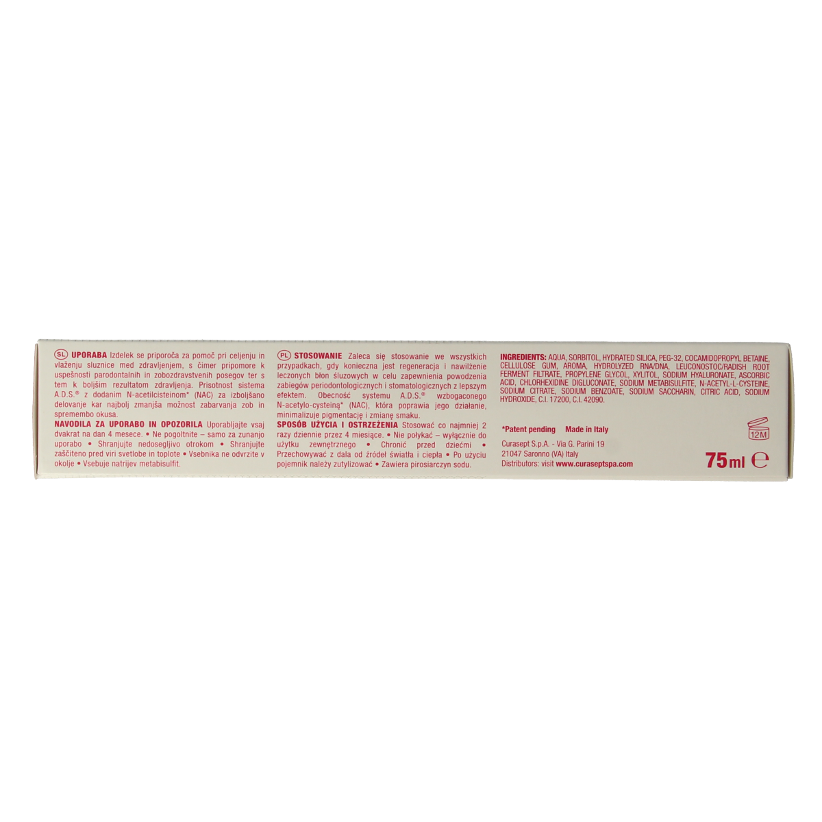 Curasept ADS DNA Perio Pro 712 CHX 0.12% + HA toothpaste, 75ml, showing the tube with branding and product label.