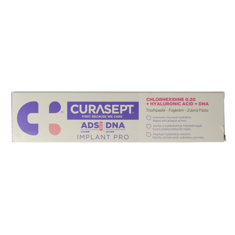 Curasept ADS DNA Implant Pro 720 CHX 0.20% + HA toothpaste in 75ml tube, showing the packaging and product details.