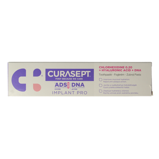 Curasept ADS DNA Implant Pro 720 CHX 0.20% + HA toothpaste in 75ml tube, showing the packaging and product details.