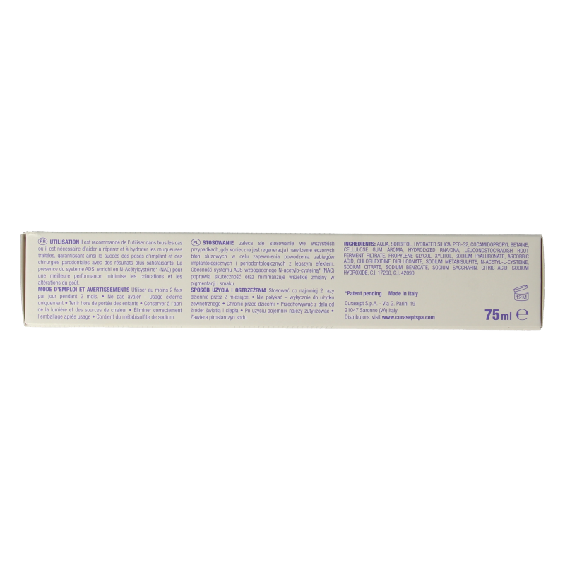 Curasept ADS DNA Implant Pro 720 CHX 0.20% + HA toothpaste 75ml, dental care product with fluoride for oral health.