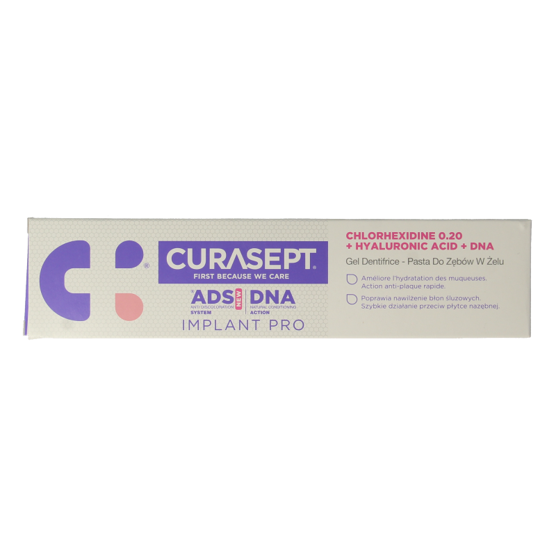 Curasept ADS DNA Implant Pro 720 CHX 0.20% + HA toothpaste in 75ml tube, designed for dental implant care and oral hygiene.