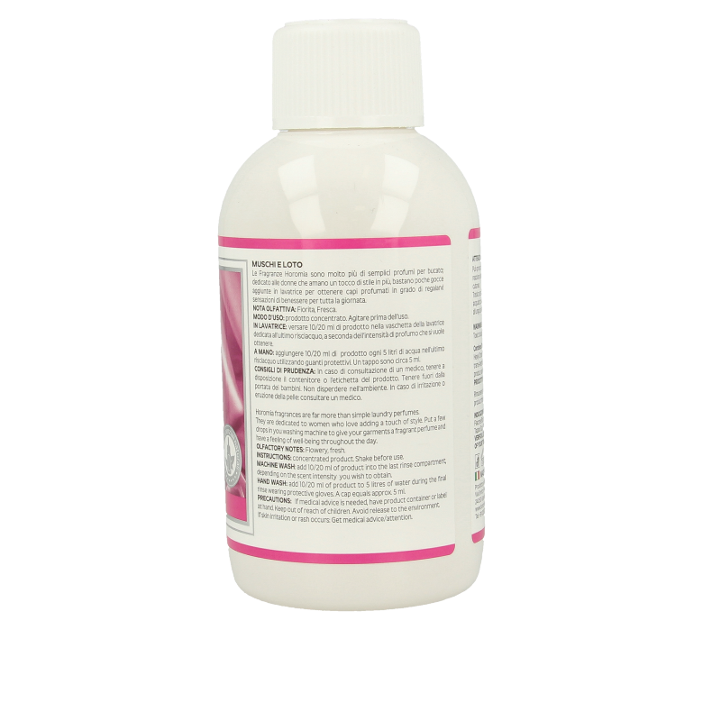 Horomia Wasparfum Muschi e Loto 250ml bottle, a fabric softener with muschi e loto scent, in a clear plastic container.