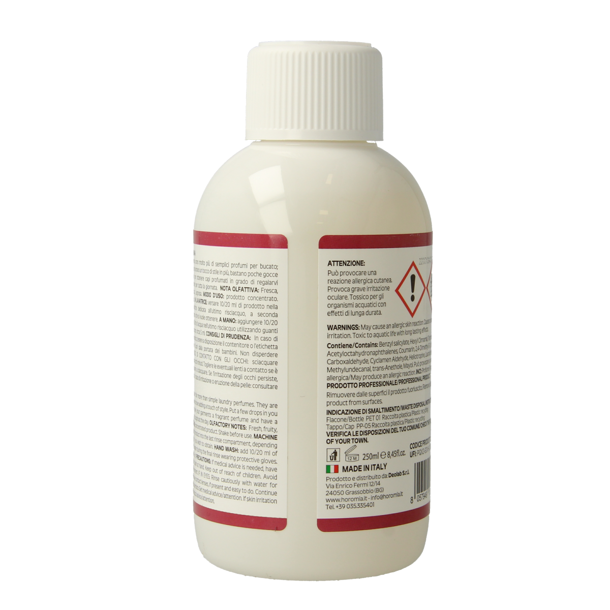Horomia petal peony scented laundry detergent 250ml in a clear bottle with pink liquid and floral label design.