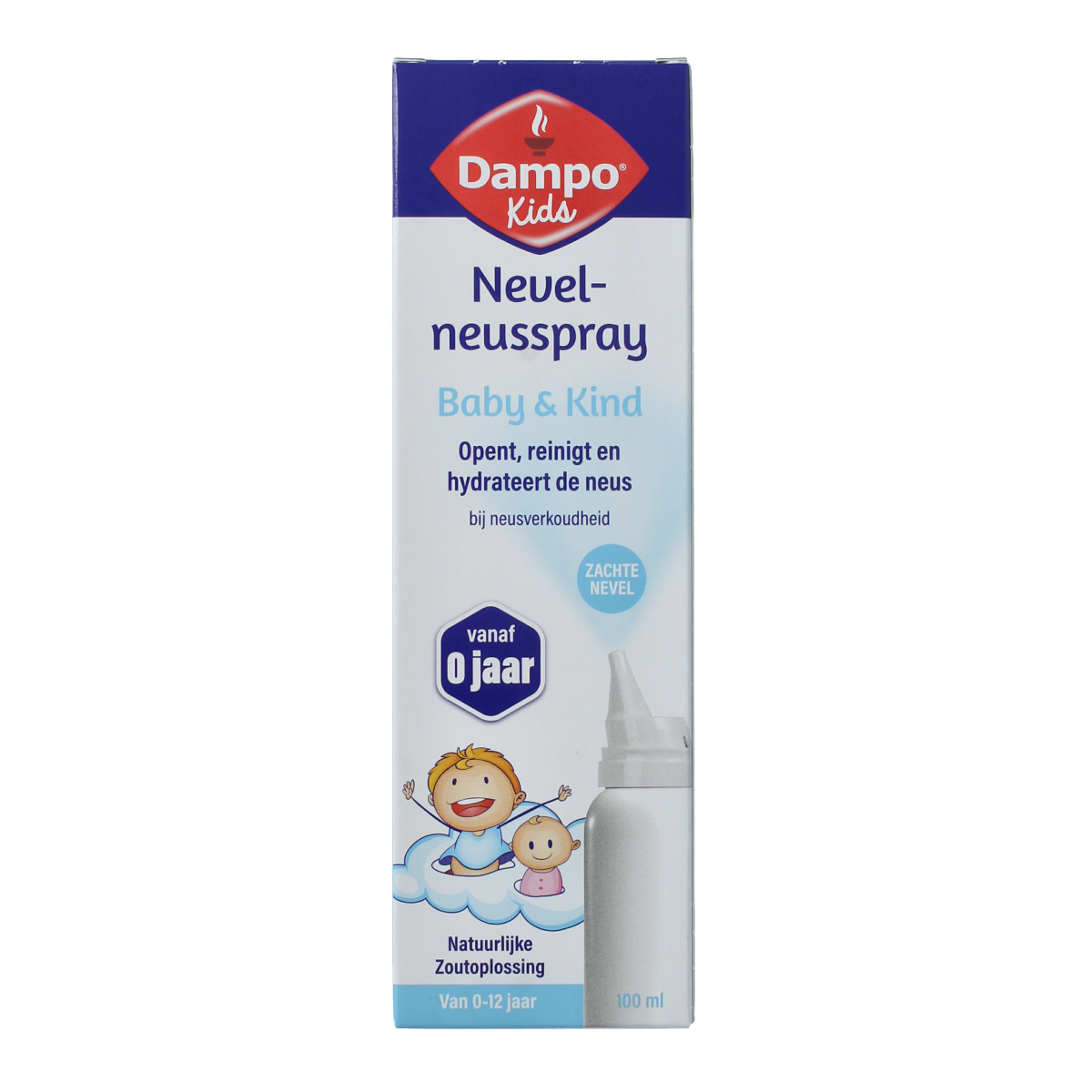 Dampo Nevel nasal spray bottle, 100ml, for nasal care and inhalation, featuring a white spray nozzle and transparent container.