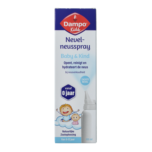 Dampo Nevel nasal spray bottle, 100ml, for nasal care and inhalation, featuring a white spray nozzle and transparent container.