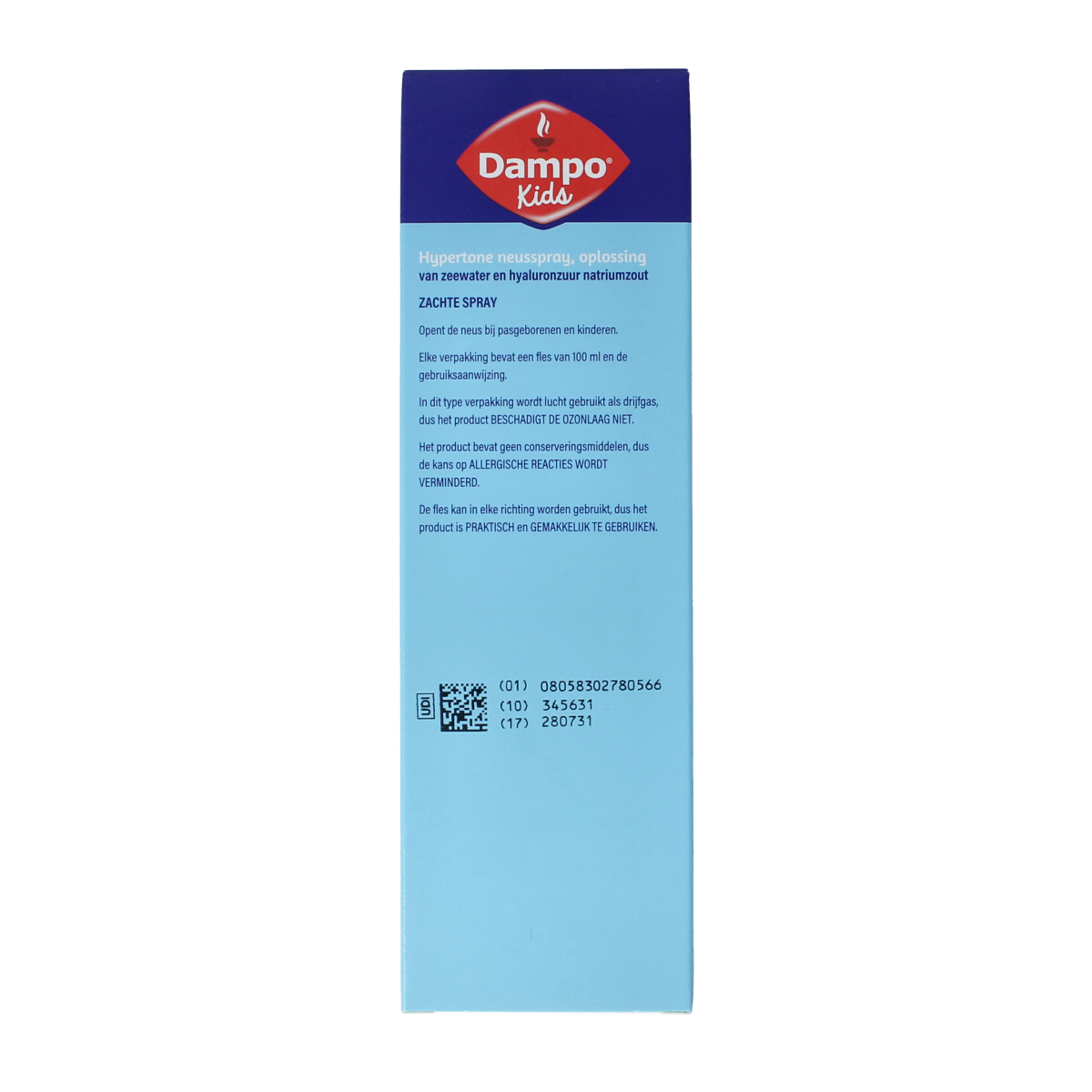 Dampo Nevel nasal spray for nasal care and inhalation, 100ml bottle, with a white spray nozzle and packaging.