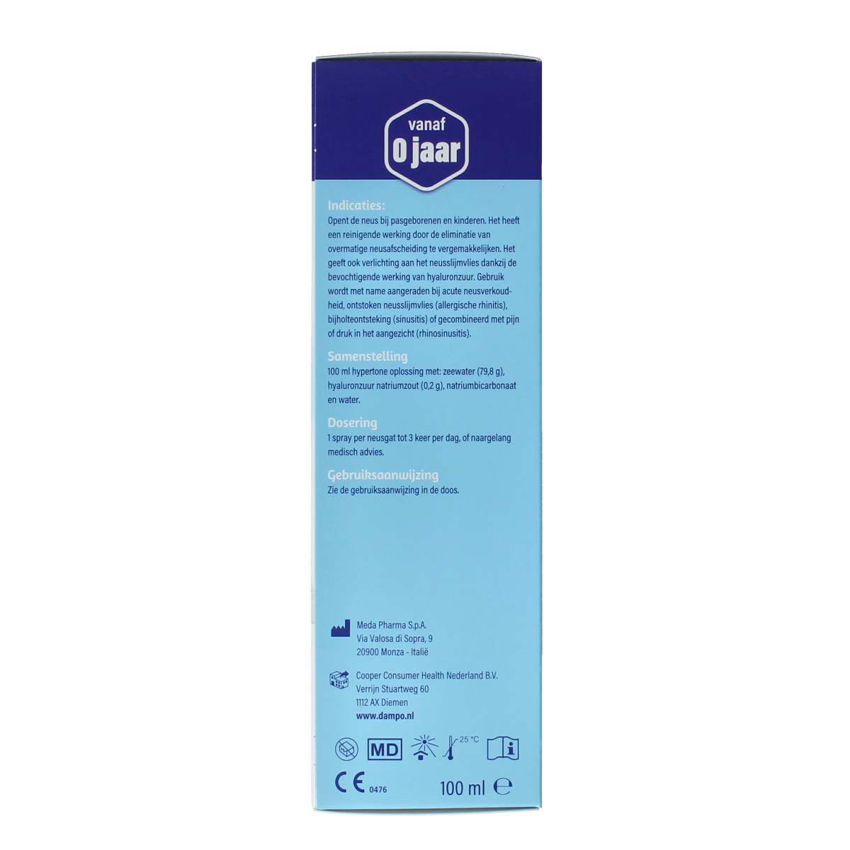 Dampo Nevel nasal spray bottle for nasal care and inhalation, 100ml, with white and blue packaging.