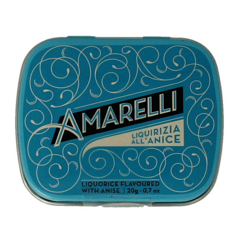 Amarelli Laurierdrop blikje with 20 grams of anise-flavored Chicchi candy, featuring a colorful tin container.