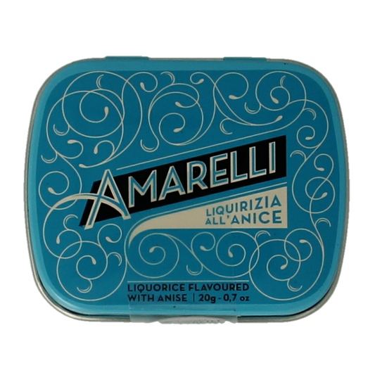Amarelli Laurierdrop blikje with 20 grams of anise-flavored Chicchi candy, featuring a colorful tin container.