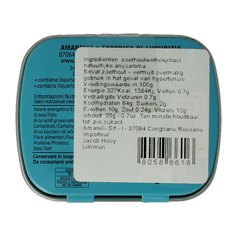 Amarelli Laurierdrop anise candies in 20g tin, featuring a vintage-style label with anise and laurel leaf illustrations.