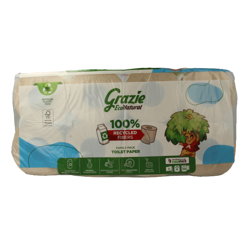 Grazie Natural 3-layer toilet paper pack with 8 rolls, soft and absorbent bathroom tissue, natural and eco-friendly design.