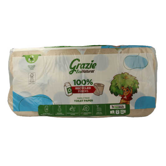 Grazie Natural 3-layer toilet paper pack with 8 rolls, soft and absorbent bathroom tissue, natural and eco-friendly design.