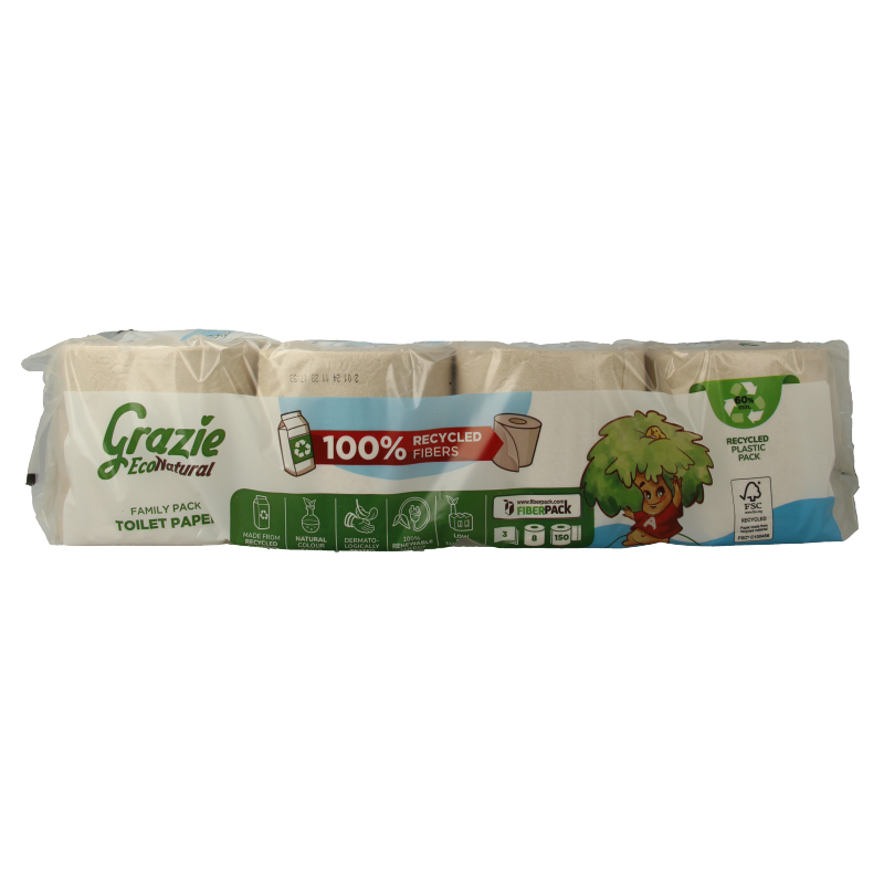 Pack of 8 Grazie Natural 3-layer toilet paper rolls with soft, durable tissue for everyday bathroom use.